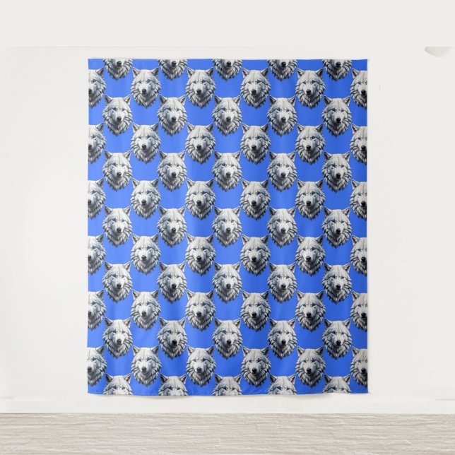 Tenture Motif de tête de loup blanc Design bleu (Devant)