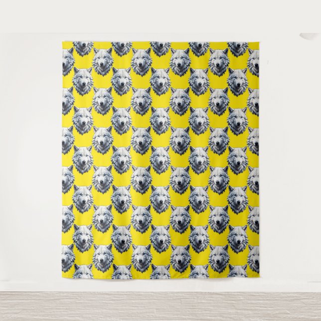 Tenture Motif de tête de loup blanc design jaune  (Devant)