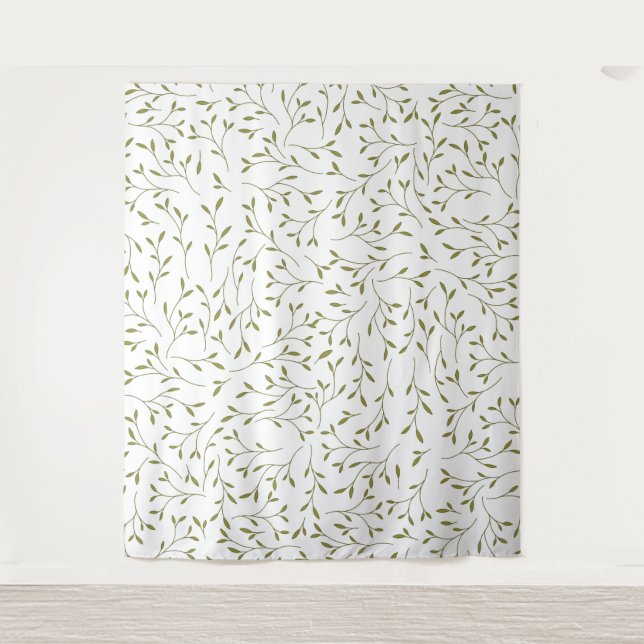 Tenture Motif de vigne botanique vert olive sur fond blanc (Devant)