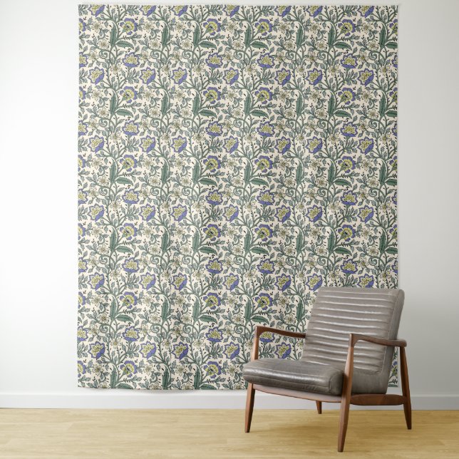 Tenture Motif floral bleu, jaune et blanc continu  (En situation)