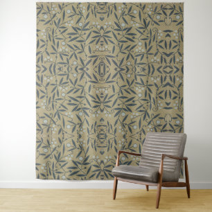 Tenture Motif floral orné avec des vignes bleu foncé