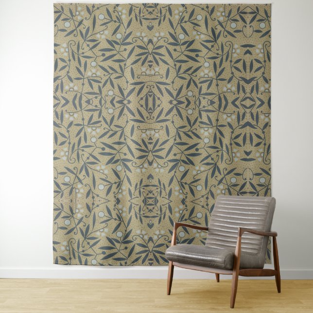 Tenture Motif floral orné avec des vignes bleu foncé  (En situation)