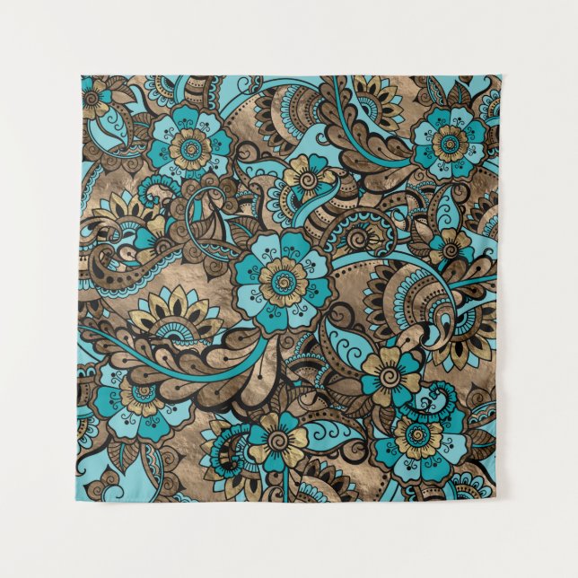 Tenture Motif Floral Paisley - turquoise et doré (Devant)