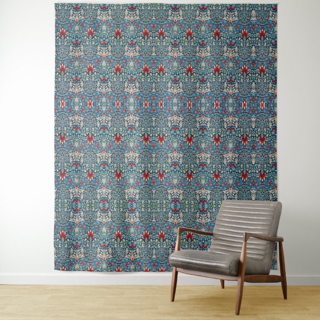 Tenture Motif floral sur fond bleu de feuilles vertes (En situation)