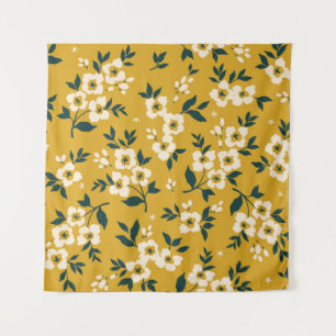 Tenture motif floral vintage, petites fleurs blanches.