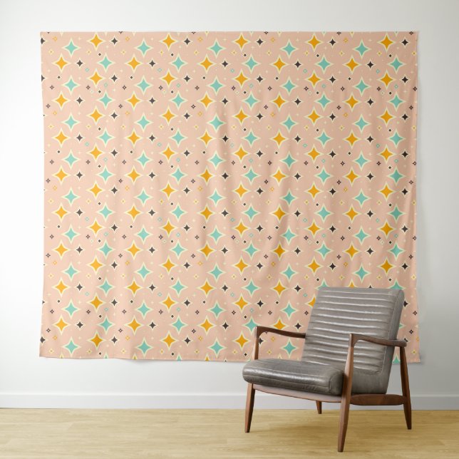 Tenture Motif géométrique rétro avec sarcelle, orange, noi (En situation (horizontale))