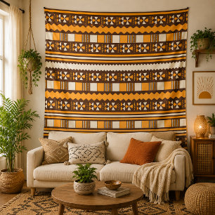 Tenture Motif géométrique tribal tons terre Bohème sur mur