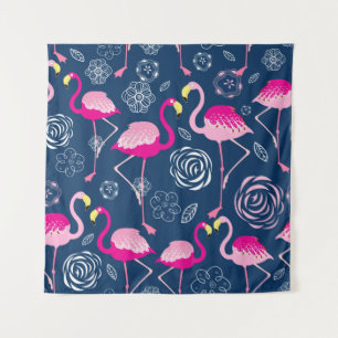 Tenture Motif graphique de flamants roses sur un bleu fonc