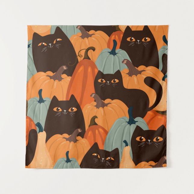 Tenture Motif impeccable avec chats noirs et citrouilles (Devant)