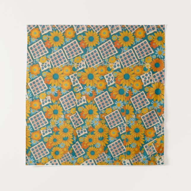 Tenture Motif Patchwork Floral Rétro Années 70 (Devant)