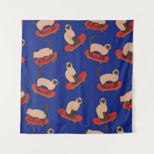 Tenture Motif sans couture avec chats siamois sur skateboa