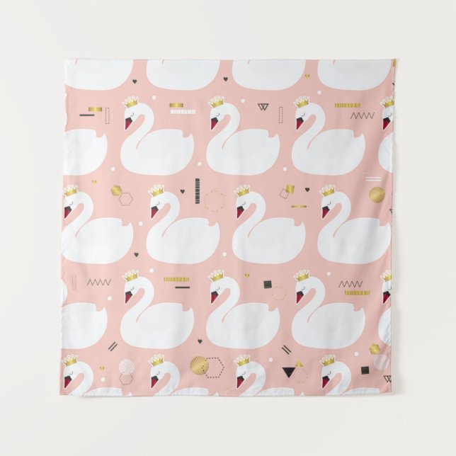 Tenture Motif sans couture avec de mignons cygnes blancs.  (Devant)