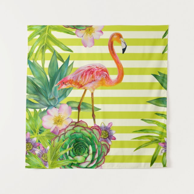 Tenture  motif sans couture avec flamant rose et tr exotiq (Devant)