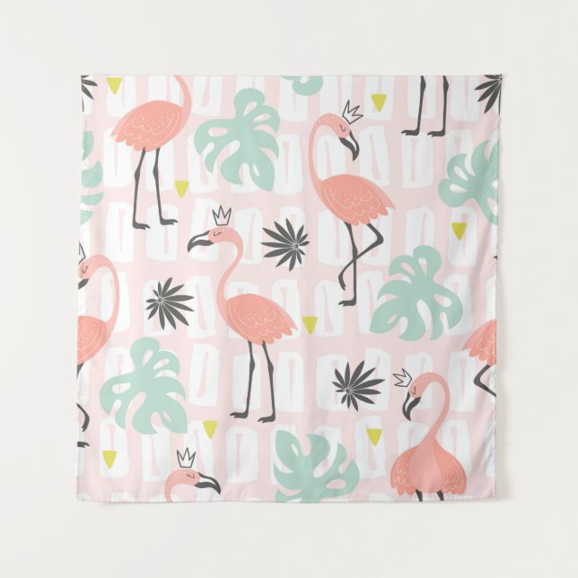 Tenture Motif sans couture avec flamants roses et feuilles (Devant)