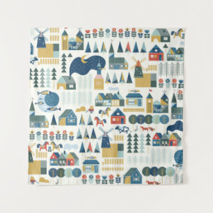 Tenture Motif sans couture avec village scandinave dans le