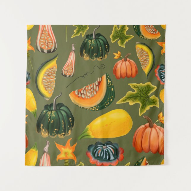 Tenture Motif sans couture de citrouilles et de feuilles s (Devant)