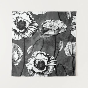 Tenture Motif sans couture de pavots noirs et blancs. Illu