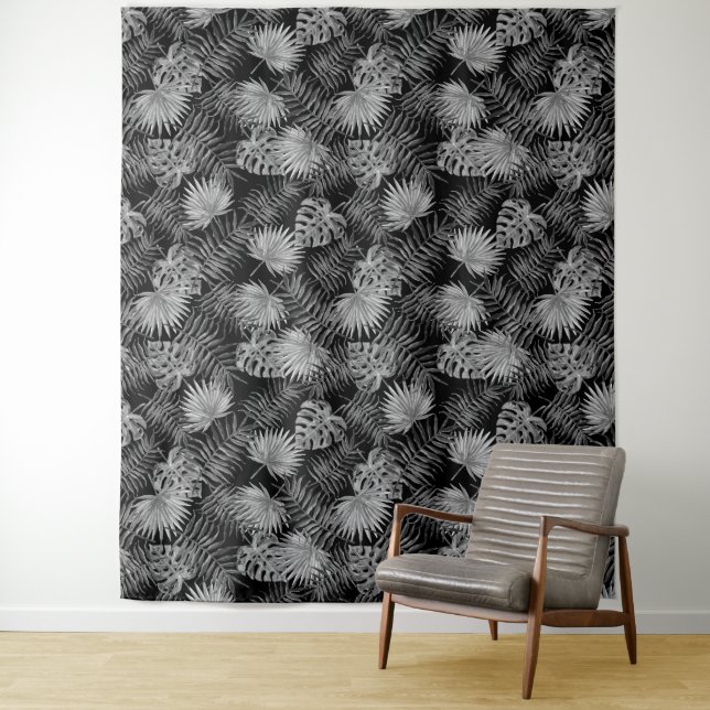 TENTURE MOTIF SANS COUTURE FEUILLES NOIR ET BLANC  (En situation)