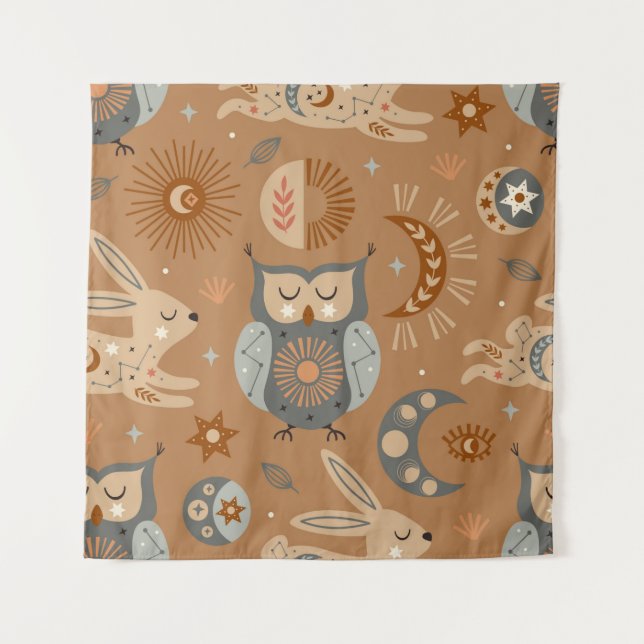 Tenture motif transparent avec chouette céleste et lièvre (Devant)