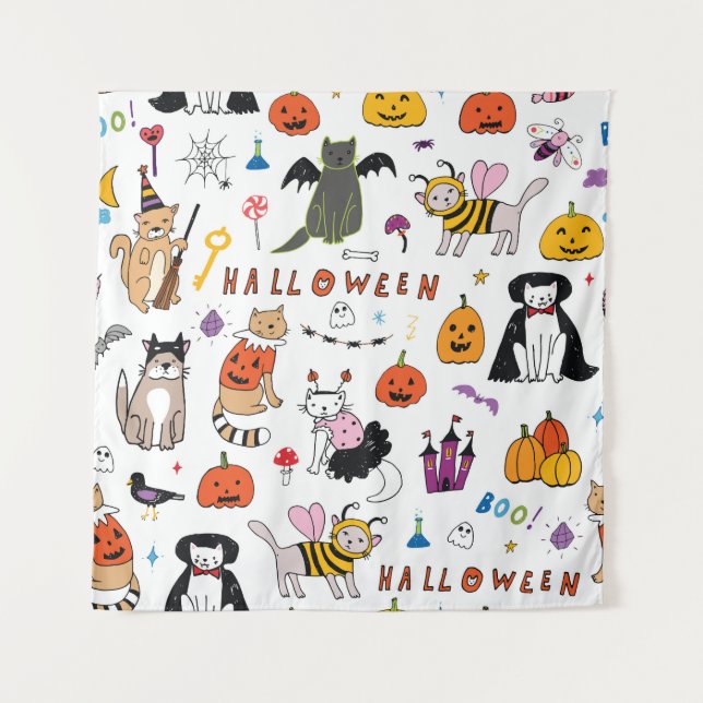 Tenture Motif Vintage Halloween Cats (Devant)
