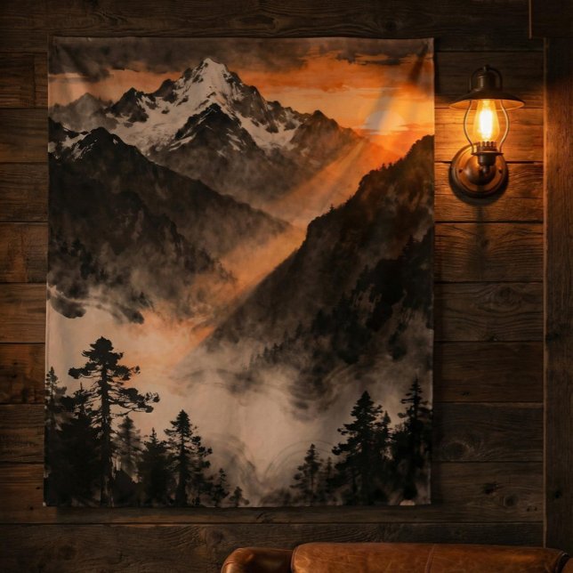 Tenture Mountain Sunset Tapestry | Golden Light Ink Art  (Créateur téléchargé)
