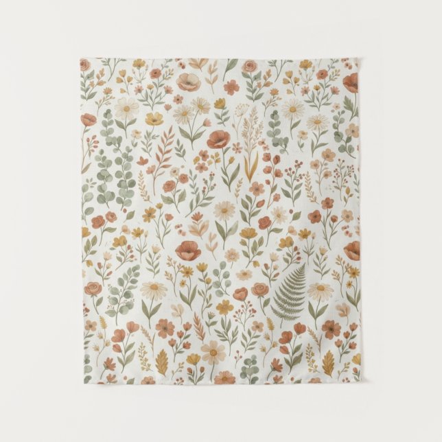 Tenture Mur botanique fleuri Boho aux tons terreux  (Devant)