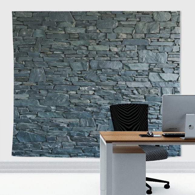Tenture Mur de briques en pierre bleue en acier naturel (Blue slates stone wall tapestry decor with stone  texture for zoom meetings backdrop or home decor)