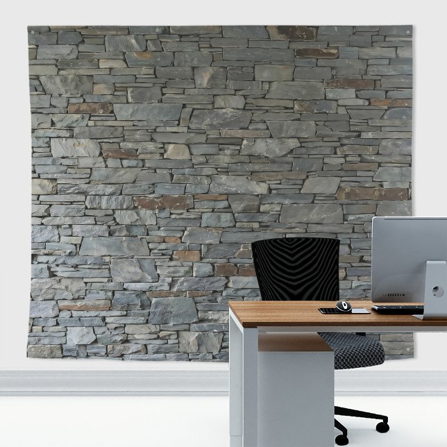 Tenture Mur de Pierre Ardoise Grise Naturelle Rustique (Gray slates stone wall tapestry decor with stone  texture for zoom meetings backdrop or home decor)