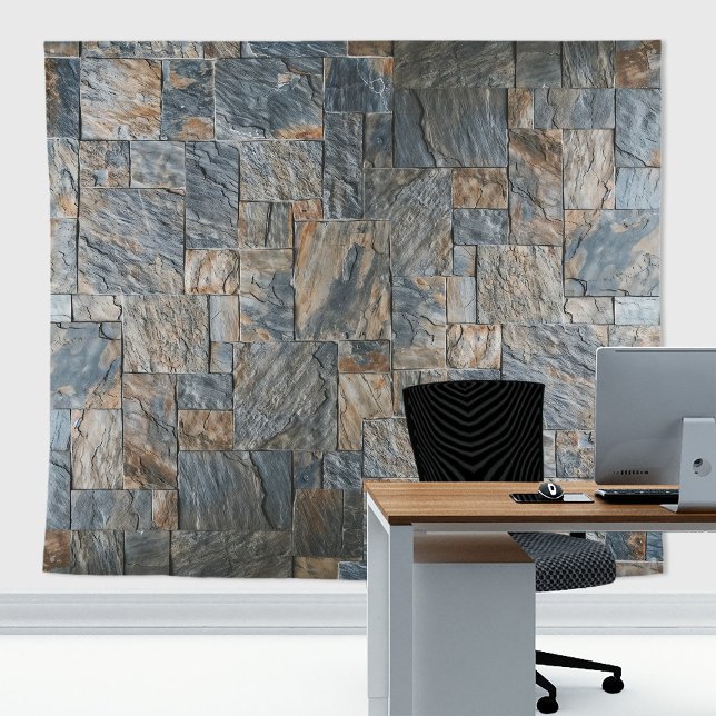 Tenture Mur de pierre rustique Ardoises Artesia Gris avec  (Blue slates stone wall tapestry decor with stone  texture for zoom meetings backdrop or home decor)