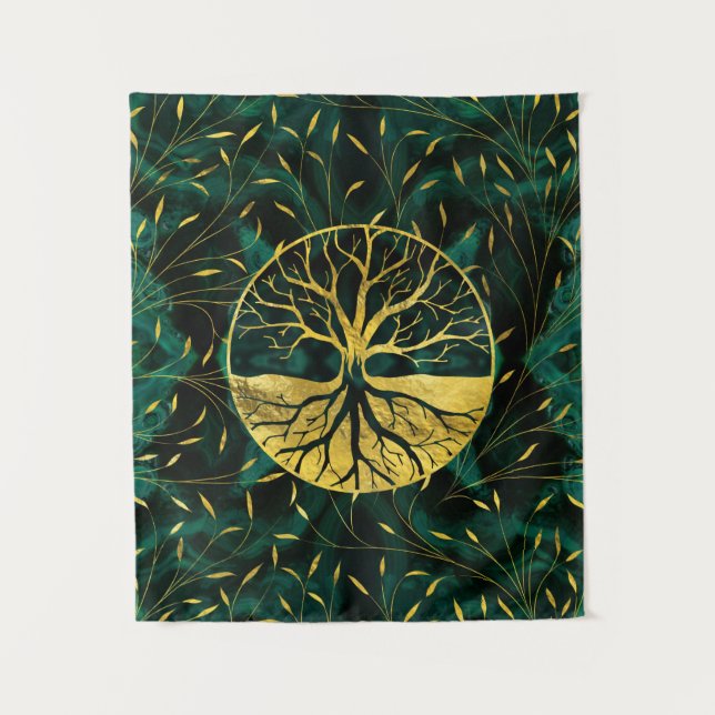 Tenture Murale Arbre de la vie d'or Yggdrasil sur la malachite (Devant)