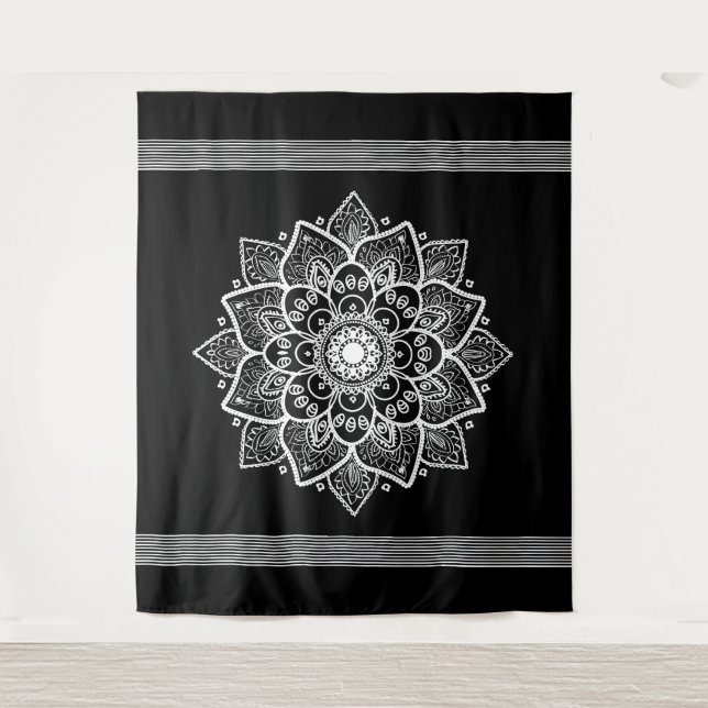 Tenture Murale Arrière - plan noir Mandala Floral blanc (Devant)