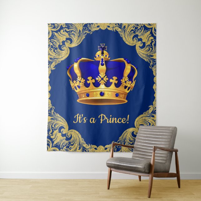 Tenture Murale Baby shower Royal Blue Prince Crown (En situation)