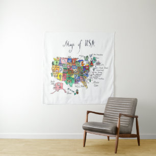 Tenture Murale Carte des attractions des Etats-Unis d'Amérique