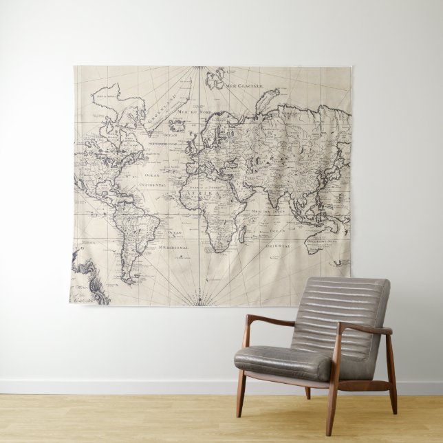Tenture Murale Carte vintage du monde (1750) (En situation (horizontale))