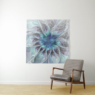 Tenture Murale Fleur de fractale moderne abstraite avec du bleu