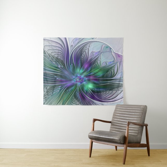 Tenture Murale Fleur verte abstraite moderne fractale violette (En situation (horizontale))