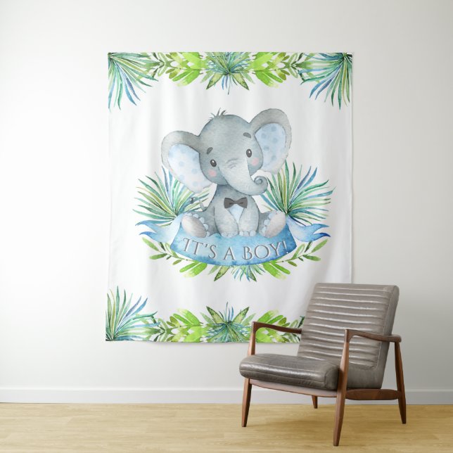 Tenture Murale Fond de shower bébé éléphant garçon (En situation)