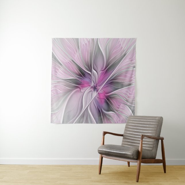 Tenture Murale Fractal Floral Moderne Abstrait Fleur Rose Gris (En situation)
