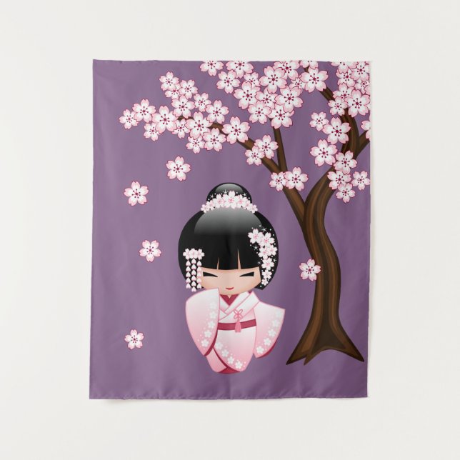 Tenture Murale Kimono rose Kawaii Kokeshi sur fond violet (Devant)