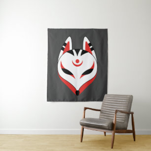 Tenture Murale Masque japonais Kitsune Fox sur Dark Grey