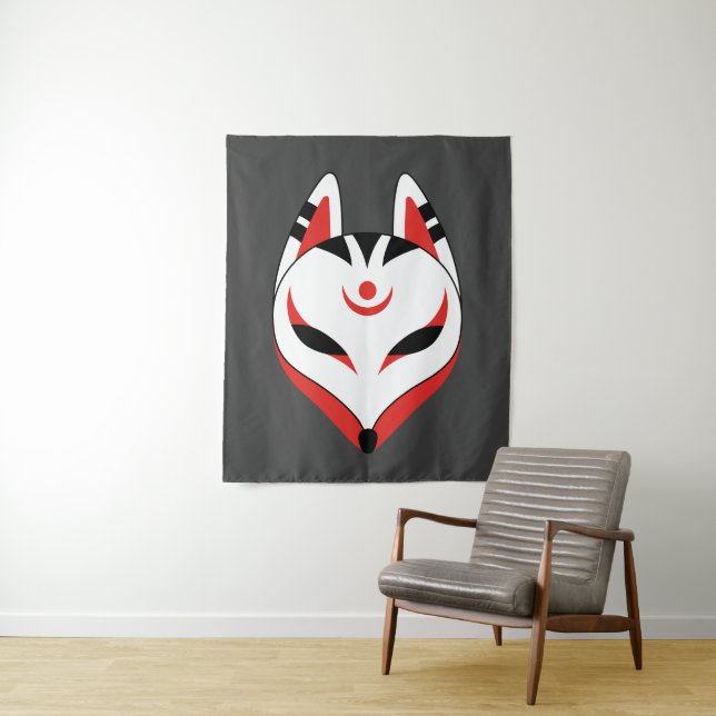 Tenture Murale Masque japonais Kitsune Fox sur Dark Grey (En situation)