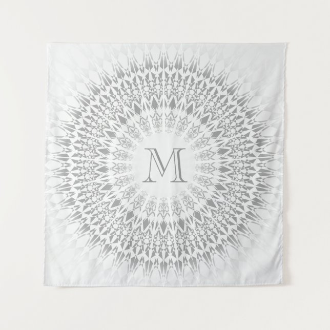 Tenture Murale Monogramme de mandala blanc gris (Devant)