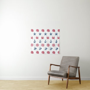 Tenture Murale Motif blanc et bleu rouge de symbole de mer