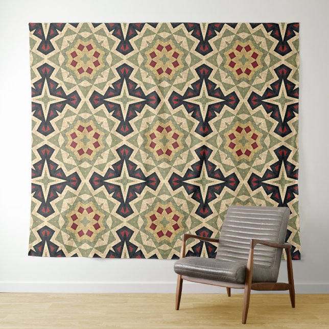 Tenture Murale Ochre Mustard Jaune Olive Green Black Tribal Art (En situation (horizontale))