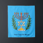 Tenture Murale Persian Magen David Menorah<br><div class="desc">Cette image a été adaptée à partir d'un carrelage juif perse antique et présente une menorah avec un Magen David (Étoile de David) encadré de branches d'olivier. Les imperfections de l'image originale peinte à la main ont été conservées. Ajoutez votre propre texte pour customiser.</div>