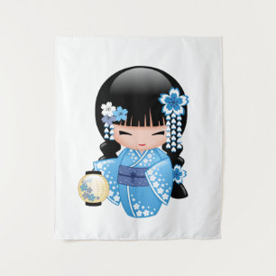 Tenture Murale Poupée de Kokeshi d'hiver - fille de geisha bleue
