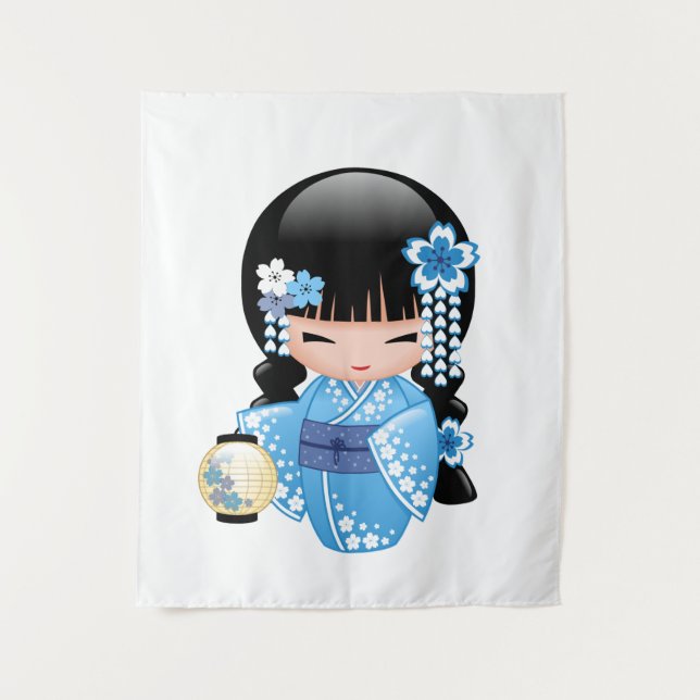 Tenture Murale Poupée de Kokeshi d'hiver - fille de geisha bleue (Devant)