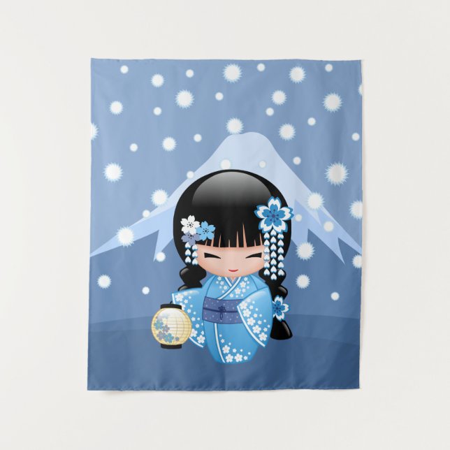 Tenture Murale Poupée de Kokeshi d'hiver - fille de geisha bleue (Devant)