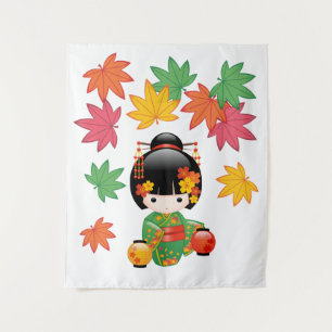 Tenture Murale Poupée Kokeshi d'automne - Fille Geisha en Kimono