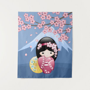 Tenture Murale Poupée Kokeshi de printemps - Jolie fille geisha j